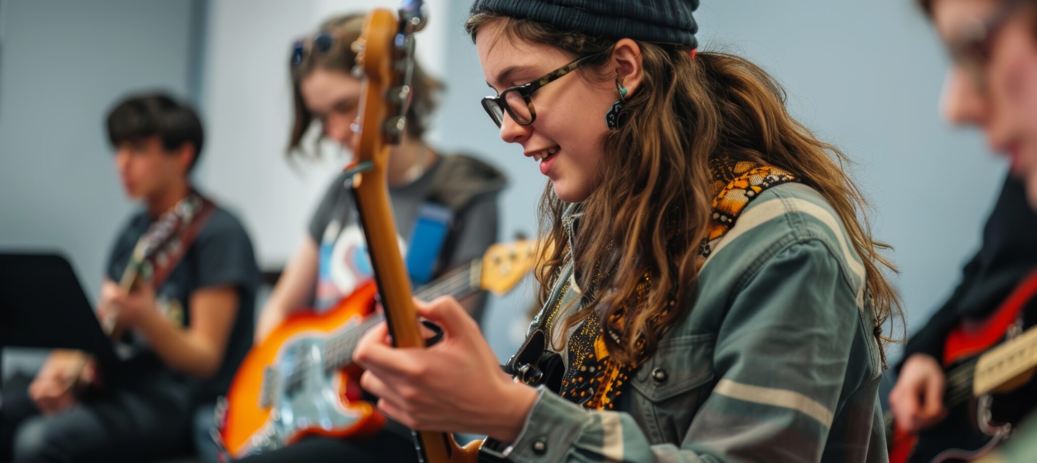 Eine Gruppe von Schülern probt zusammen, jeder von ihnen spielt ein anderes Instrument, wie Schlagzeug oder verschiedene Gitarren